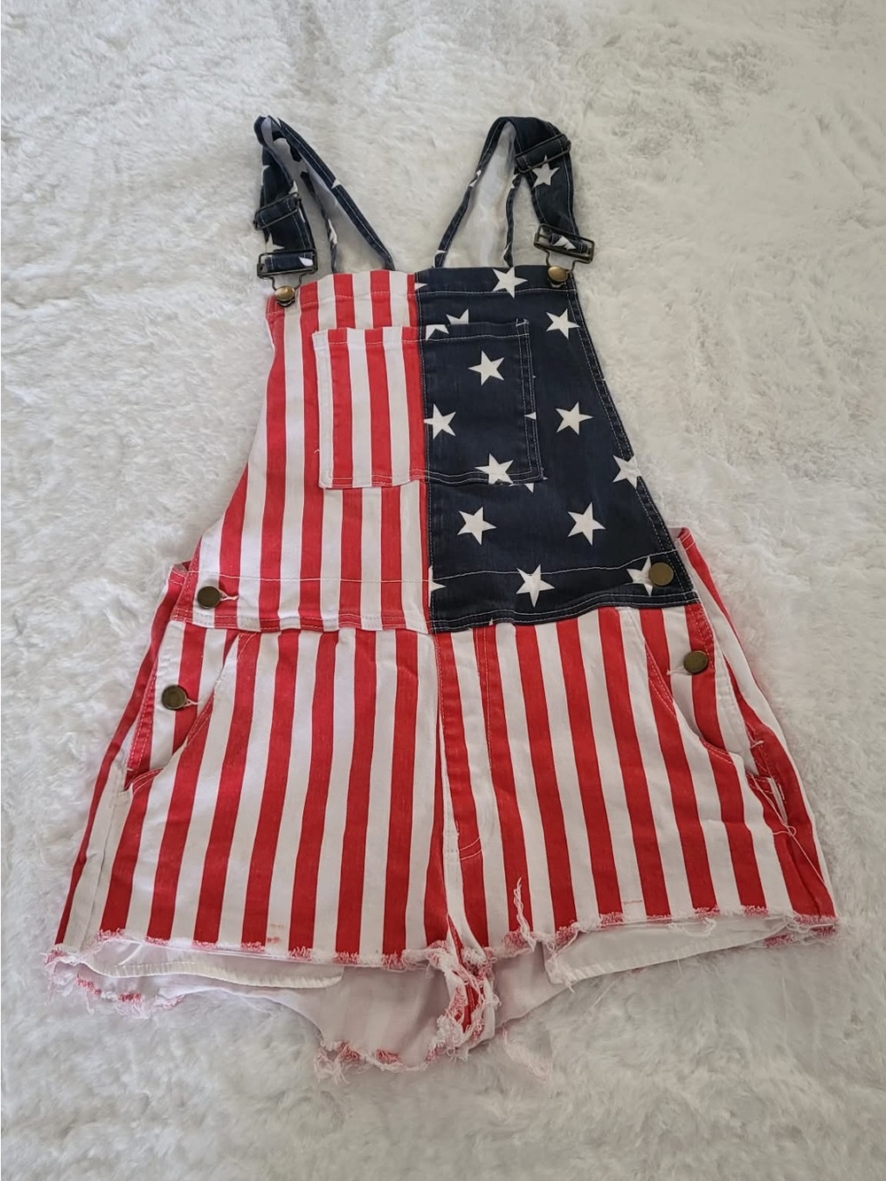 Women’s American Flag-Print Short Overalls - Red, White & Blue